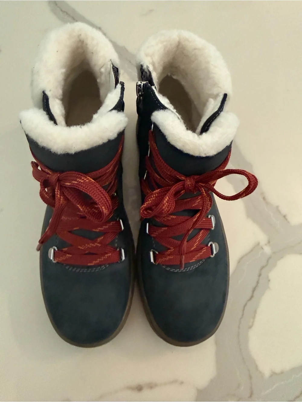 Everly Navy Winter Ankle Boot with Brown Sole and Red Laces